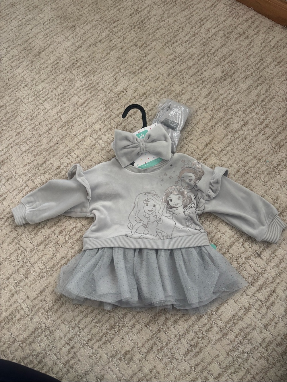 Disney Silver Gray Princess Tulle Dress with Bow Headband, and tights. 3-6 month